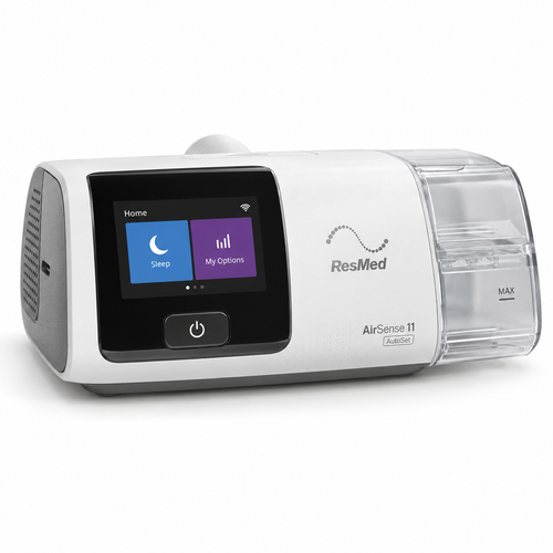 CPAP ResMed AirSense 11 AutoSet com umidificador em fundo claro